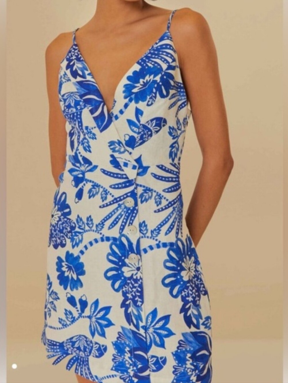 Farm Rio Blue Floral V-Neck Spaghetti Strap Dress In XL